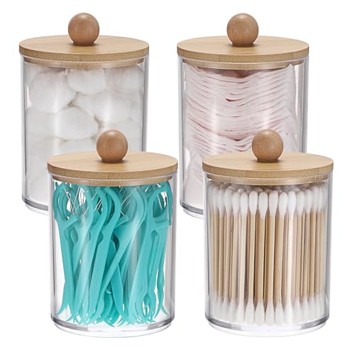 OGANAZI 4 cajas de algodón acrílico para tocador, con tapa de bambú, transparentes, redondas, cajas de almacenamiento para huevos de belleza, hilo dental, tampón, dulces, artículos de papelería, joyas