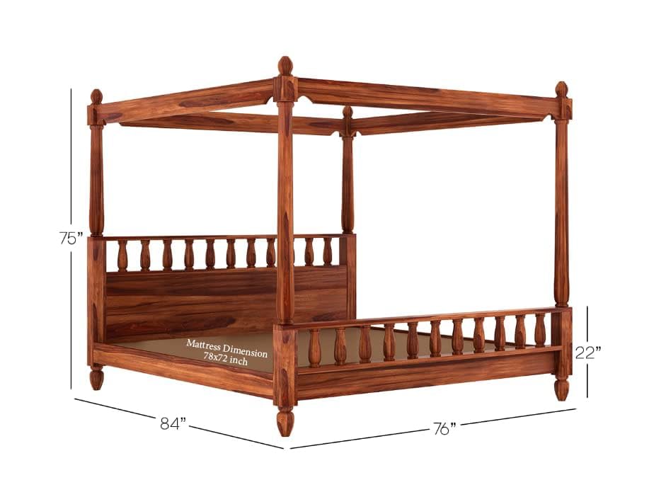 Image of Solid Wood Sheesham Poster Bed Wooden Double Bed Cot Furniture for Bedroom Home and Hotel Sheesham (Honey, King)