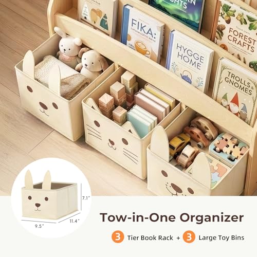 Image of OOOK 3-Tier Kids Bookshelf with 3 Removable Fabric Storage Bins, Front Facing Toddler Montessori Bookshelf, Wooden Bookshelves for Kidsroom, Classroom, Playroom, Nursery