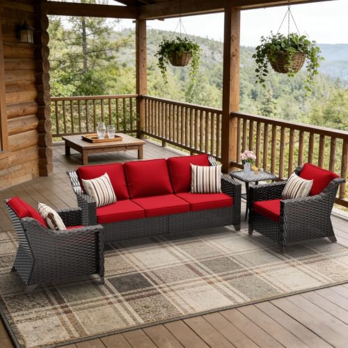 Image of 4 Piece Patio Furniture Set, Wicker Outdoor Conversation Set | Patio Chair Set with Olefin Removable Cushion, All-Weather Outdoor Couch with Deep Seat for Porch, Deck and Backyard, Red