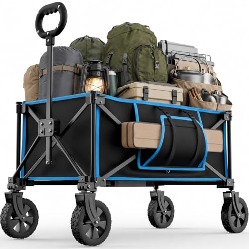140L Camping Trolley on Wheels Folding Wagon & Portable Beach Trolley Cart with Adjustable Handle All-Terrain Smooth Wheels 100kg Load Capacity for Garden Picnic Shopping Fishing Moving