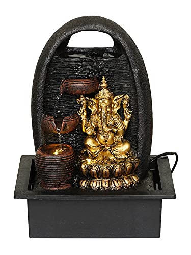 CHRONIKLE Polyresin Table Top Ganesha Idol Indoor 3 Diya Steps Waterfall Fountain for Home Decor with Yellow LED Lights & Water Flow Controller Pump (Size: 39 x 29.5 x 22 CM | Color: Brown & Golden)