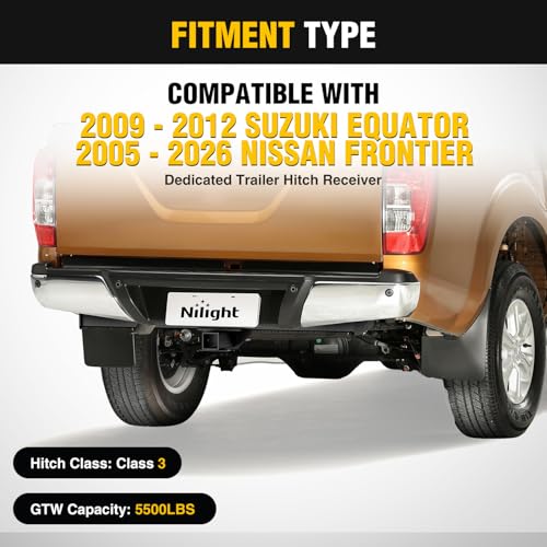 Image of Nilight Class 3 Trailer Hitch 2 Inch Receiver Tow Hitch Compatible with Suzuki Equator 2009-2012, Nissan Frontier 2005-2026, Multi-Fit Hitch for Ball Mount Cargo Carrier Bike Rack, Black Powder Coated