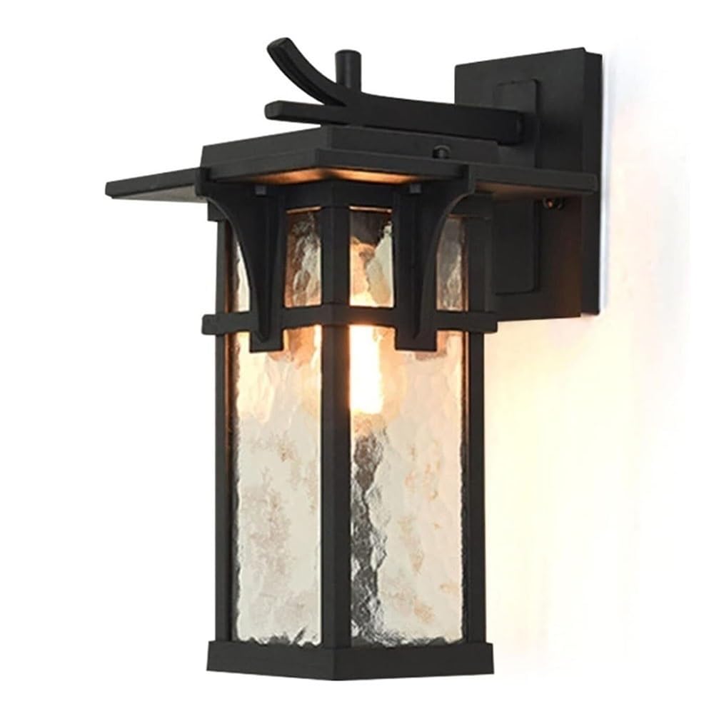 OZBMA Retro Outdoor Wall Light Square Aluminum Lamp Water Ripple Glass Shade Sconce for Corridor Courtyard Deck Patio Garage Lighting(Black)