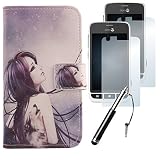 Lankashi 4in1 Set Wolf Girl PU Flip Leder Tasche Für Doro Liberto 820 mini Hülle Lederhülle Handyhülle Schutz Handy Protektiv Hülle Cover Etui Skin mit Schutzfolie Folie Mini Stift Touch Pen Stylus