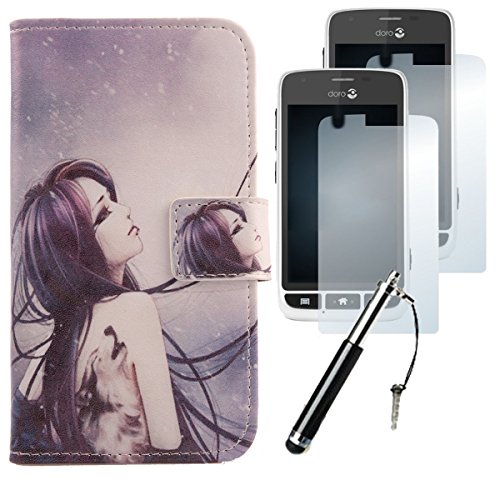 Lankashi 4in1 Set Wolf Girl PU Flip Leder Tasche Für Doro Liberto 820 mini Hülle Lederhülle Handyhülle Schutz Handy Protektiv Hülle Cover Etui Skin mit Schutzfolie Folie Mini Stift Touch Pen Stylus