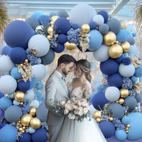 Image of Blocesa Dusty Blue Gold Balloons Arch Kit, Double Stuffed Pastel Balloon Arch Pastel Light Dark Denim Pale Blue Balloons With Blue Gold Balloons for Boy Birthday Wedding Graduation Party Decorations