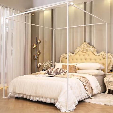 AIKASY Outer Bed Support Canopy Bed Frame Post Queen Size,Thickened Metal Canopy Frame Poles,Four Corner Bed Bracket Fit for Metal Bed Wood Bed Bedroom Decor(White, Queen) Cover