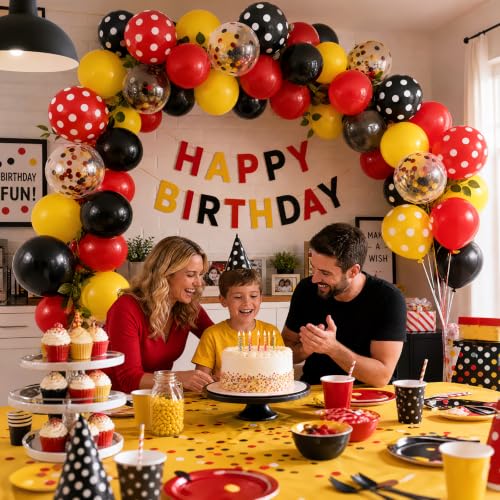 Image of TONIFUL 100 Pack Red Black Yellow Balloons - Classic Cartoon Colors Confetti Polka Dot Latex Balloon for Birthday Retro Baby Shower Mouse Themed Party Decorations