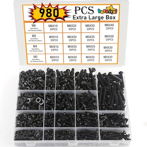 Nuts and Bolts Sets M3 M4 M5 M6 Machine Screws Nuts Washers Assortment Kit Black Round Head Hexagon Socket Bolts Box With Storage Case DIY Home Repair Car Garage 980pcs