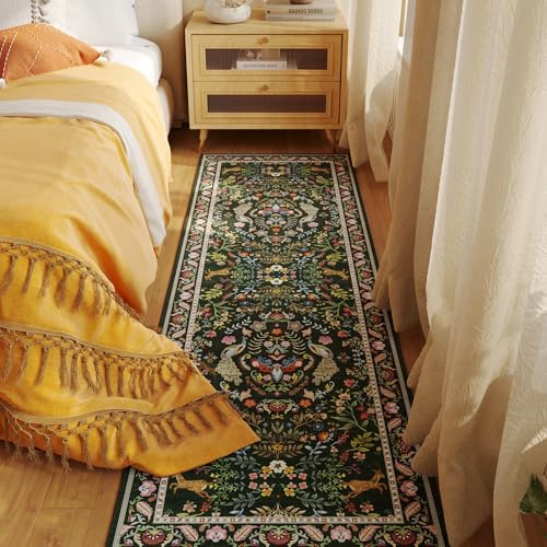 Runner Rug Washable Kitchen 2'x10' Rug Floral Non-Slip for Entryway Indoor Soft Carpet Runner for Hallways, Kitchen, Laundry, Bedroom, Bathroom (Emerald Green)