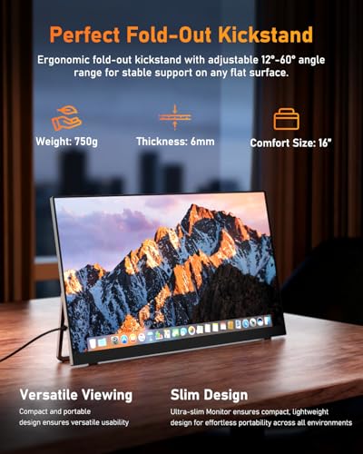 Yodoit Portable Monitor 16" 4K-UHD-Tragbarer Bildschirm mit Ständer, IPS-Bildschirm mit Typ C, Mini-HDMI, integrierten Lautsprechern, kompatibel mit PC, Laptop, MacBook, PS3/4/5 4