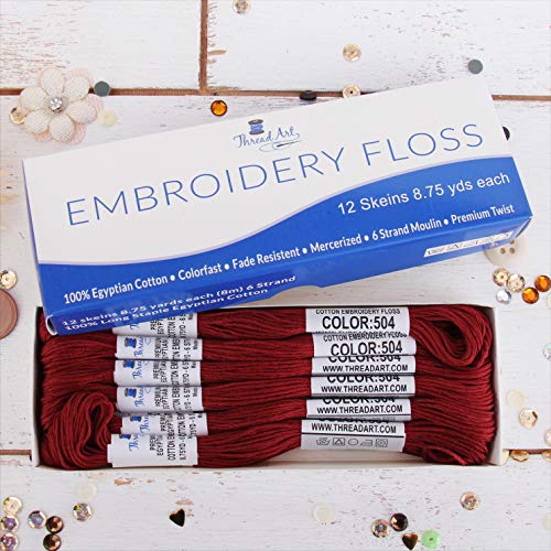 Image of 12 Skeins ThreadArt Cotton Embroidery Floss, Burgundy | Long fiber cotton embroidery floss for cross stitch, hand embroidery and bracelets. Six-strand floss separates easily.