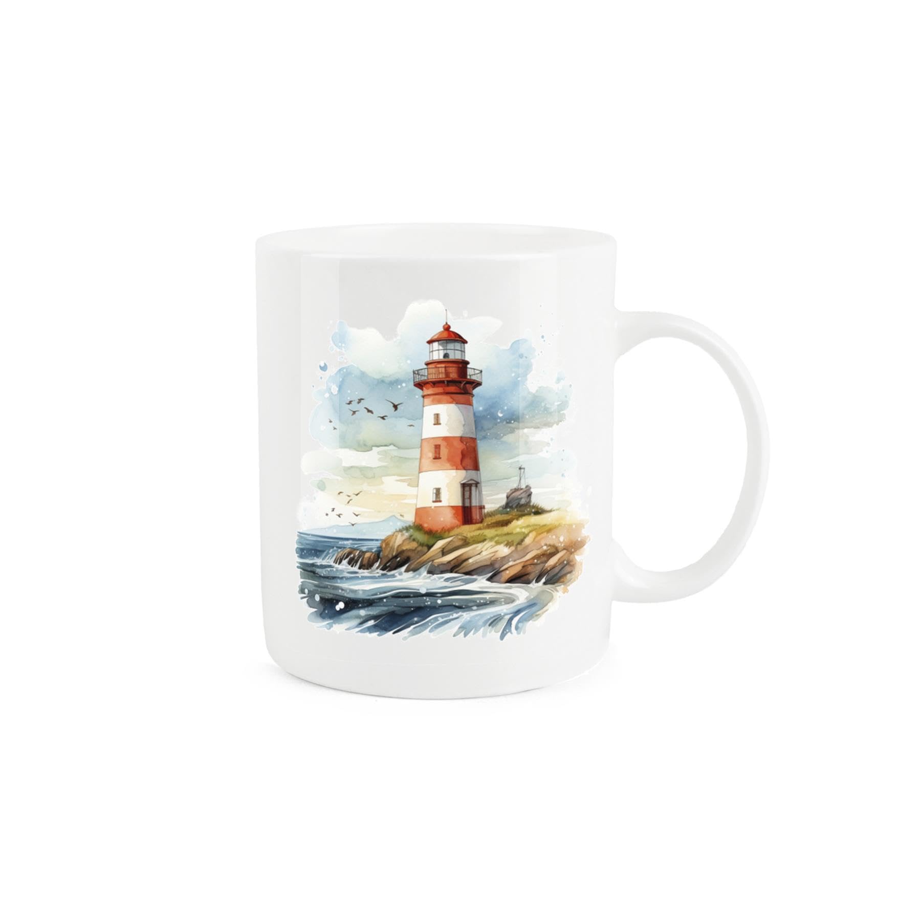 Purely Home Lighthouse Coast Seaside Mug - Painted Watercolour Rough Waters Lighthouse Scene Maritime Sailor Gift Present - Tea Coffee White Bone China Mug