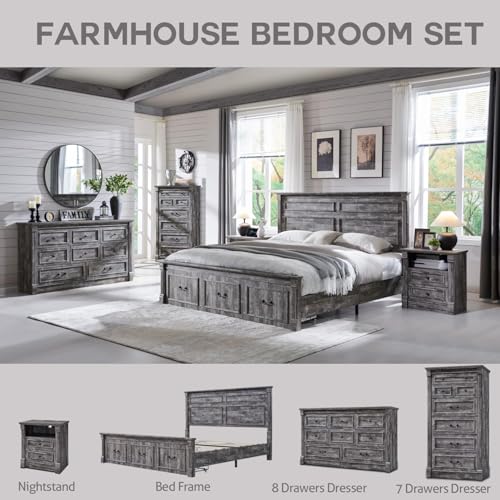 Image of Farmhouse 7 Drawers Dresser for Bedroom, 57 inch Tall Large Dressers & Chests of Drawers w /Roman Column, Storage Dressers Organizer for Bedroom, Hallway, Living Room, Light Grey
