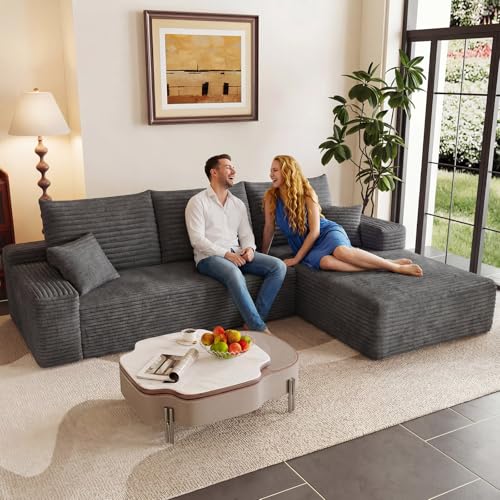 Image of 95 inch Modular Sectional Couch, Boneless L Shaped Cloud Sofa with Chaise Lounge, Corduroy Upholstered Couches Memory Foam Deep Seat, No Assembly Required, Ideal for Living Room(Dark Gray, Right Facing)