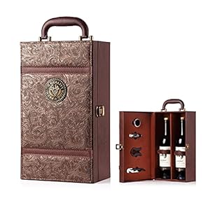 Wine Box, 2 Bottle Leatherette Top Handle with 4 Wine Accessory Travel Wine Gift Box, Handmade Premium Wine Carrier Case