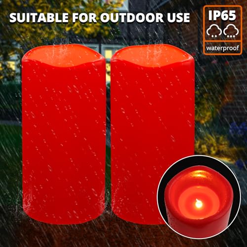 Image of NURADA 8 inch x 4 inch Large Outdoor Flameless Candles - Waterproof LED Pillar Flickering Candle Battery Operated with Timer Remote Control for Patio Porch Christmas Decor - 2 Pack Red