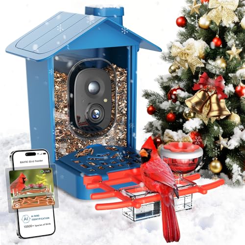 Rayki Solar Bird Feeder with Camera for Birdwatching, 2K HD with AI Recognition and Real-Time App Alerts, Smart Birdfeeder House Outdoor, IP65 Waterproof, Ideal Gifts for Bird Lovers, Blue
