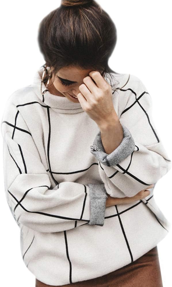 CHICWISHWomen's Fall Turtleneck Sweater Pullover Plaid Long Sleeve Casual Knitted Winter Checkered Sweaters Tops
