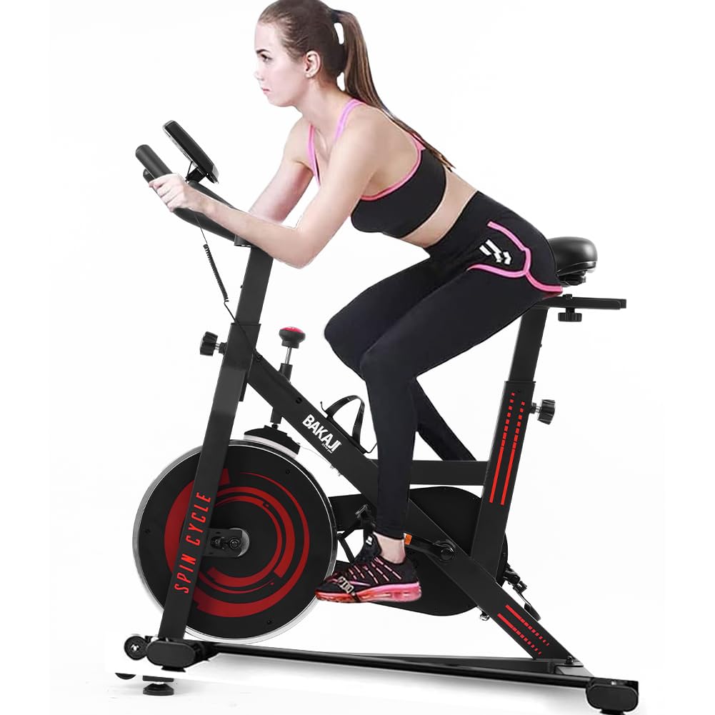 BAKAJI Exercise bike, spinning bike with LCD display and Bluetooth with app fitness connection, bicycle, training, fitness studio with padded seat, adjustable, ideal for cardio, legs, stomach, hips