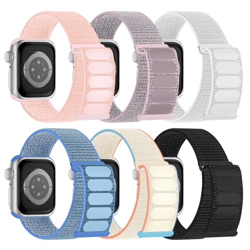 6 Pack Sport Nylon Loop Band Compatible with Apple Watch Band 38mm 40mm 41mm 42mm 44mm 45mm 46mm 49mm for Women Men, Adjustable Breathable Braided Straps for iWatch Series 11/10/9/8/7/6/5/4/3/SE/Ultra
