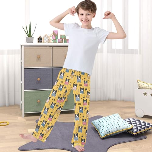 Boy's Pj Pants Cartoon Bulldog Yellow Lounge Bottoms Elastic Kids Sweatpants Joggers with Pockets Size 6-144