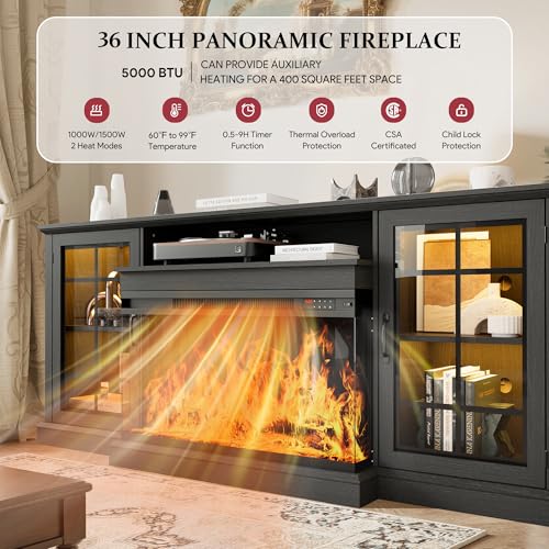 Image of MXV 70'' Fireplace TV Stand, Farmhouse Entertainment Center with 3 Sided Glass TV Stand, Modern Media Console Table with Storage Drawers & Cabinets with LED Flame and Lights for Living Room, Black