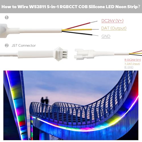 Image of Addressable RGBCCT Flexible COB LED Strip Light, RGBWW 24V WS2811 Pixel 4200LEDs Cuttable Outdoor 16.4Ft 5m Long Color Changing LED Strip, Neon White Silicone Tube Lighting with Adhesive Back