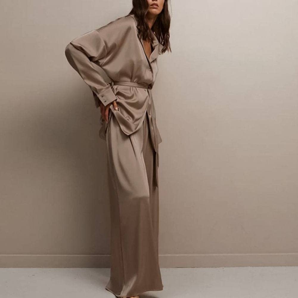 LUKX Morgenmantel Damen Leicht,Zweiteiler Satin Bademantel Brauner Kimono Robe Einfacher V-Ausschnitt Morgenmantel Leichtes Kurzes Nachthemd Hose Pyjama Set Braut Morgenmantel Bademantel Damen