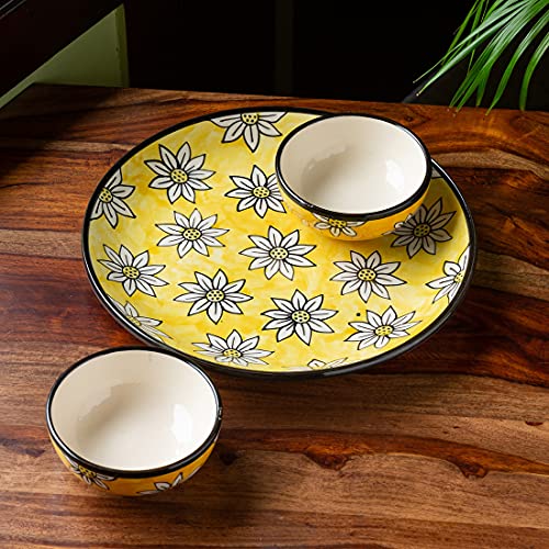 Image of ExclusiveLane 'Californian Sunflowers' Handpainted Ceramic Plates for Dinner Set Ceramic Dinner Plate with Katoris & Ceramic Bowl (3 Pieces, Serving for 1, Dishwasher & Microwave Safe)