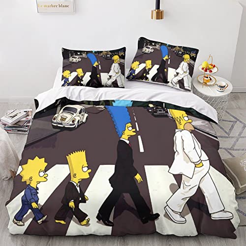 Los Simpson Juego De Sabanas De Cama Microfibra Suave Anime Edredón Y Hoja Plana Y Fundas Nórdica De Almohada,para Adultos, Adolescentes, Niños Double(200x200cm)