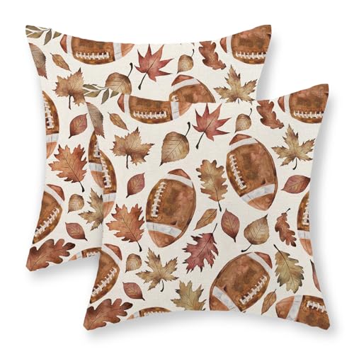 Gohdiwh Fall Pillow Covers 20x20 Pack of 2 Orange Football Maple Leaves Pillowcase Thanksgiving Autumn Outdoor Decoration Throw Pillows Farmhouse Holiday Linen Fall Decor Cushion Case for Couch Sofa