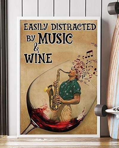 Buywell Metallo facilmente distratto dalla musica e dal vino, decorazione per la casa vintage poster decorazione poster da parete arte in latta segno decorazione poster in metallo, 20 x 30 cm