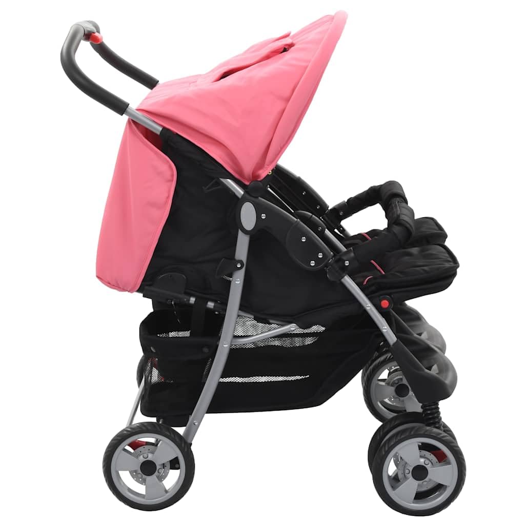 Cochecito gemelar para 2 niños, color rosa y negro, marco de acero, plegable, 6-36 meses
