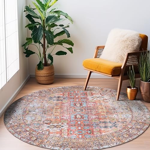 Rugshop Multi Transitional Distressed Round Area Rug — Machine Washable & Non‑Slip, 6' 6" Round for Dining Room, Living Room and Entryway