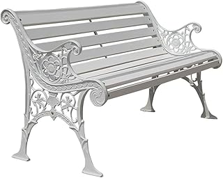 Banco de jardim ao ar livre, banco de terraço de parque Banco de lazer ao ar livre, banco de jardim à prova de intempéries com estrutura de ferro e madeira maciça anticorrosiva, banco de pátio de 2 a