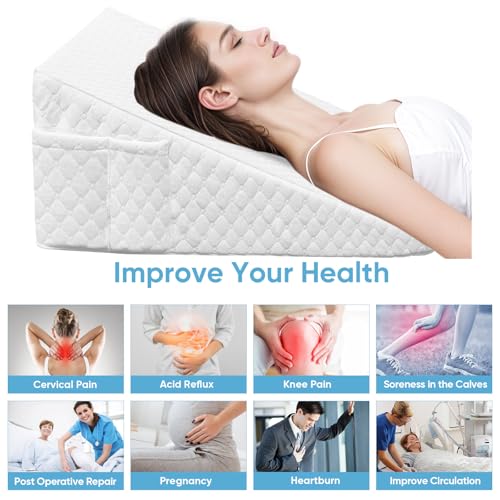 Wedge Pillow, 12 Inch Bed Wedge Pillow for Headboard, Pillow Wedge for Acid Reflux Relief, After Surgery, Sleeping,Back Pain Relief, Memory Foam Top, White