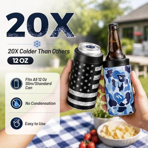 Image of 4-in-1 Slim Can Cooler Easy to Hold Insulated Beer Can Holder Double-Walled Stainless Steel for All 12 Oz Cans Black America Flag 2