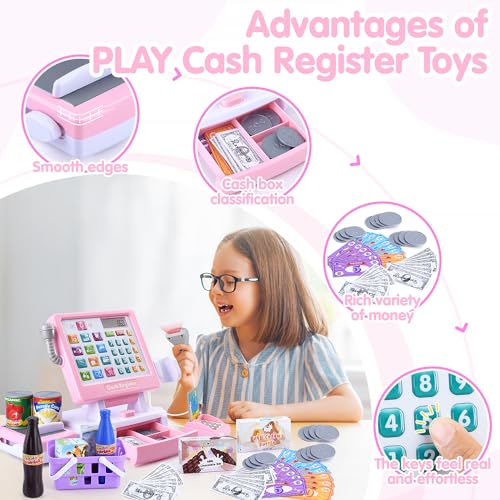 Play DD-SYJ-32 Kids Cash Register Toy - Pretend Play Calculator Register Toys With Microphone/Conveyors/Play Money/Scanner/Credit Card/Cans/Drink thumb #4
