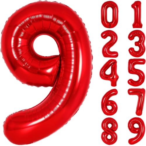 Image of Number Balloons Red Party Balloon - 40 Inch Large Number 9 Balloon, Numbers Balloon Birthday Decorations, Red Party Supplies for Anniversary