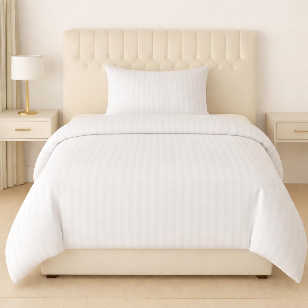 DECOR2ADMIRE Premium 400 TC Glace Cotton Reversible Duvet Cover with Strong Zipper | Ultra Soft & Durable | Luxury Stripe Pattern | Single 60" x 90" | White