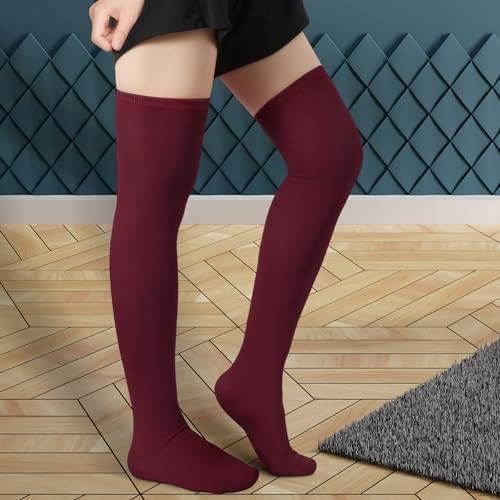 1 Pair Thigh High Socks, Cotton Soft Knee High Long Stockings Leg Warmers for Women Girls Christmas Cosplay (Burgundy)4