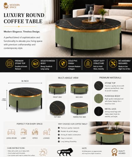 Image of WOODEN SPACE Premium Luxury Nazaara Marble-Top Coffee Table with Iron Legs & PVD Coating | Modern Round Wooden Center Table for Living Room & Entryway (Light Green, 36 Inch)