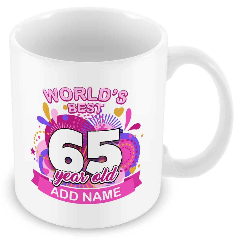MUGGZ Personalised World's Best 65 Year Old Mug โ Custom Name Birthday Coffee Cup โ Colourful Pink Design โ 11oz Ceramic