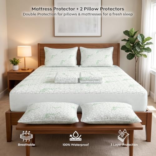 Image of AYKA Combo Pack Waterproof Mattress Protector & 2 Pillow Protectors | Queen 78x60 Inch | 100% Waterproof Aloevera Bed Protector | Breathable, Noiseless Mattress & Pillow Covers | White