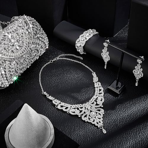 Image of Quelay 4 Pcs Purse Rhinestone Jewelry Set for Wedding Bridal Women Evening Clutch Bag Necklace Dangle Earrings Bracelets