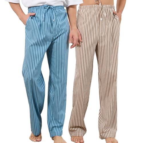 U2SKIIN Mens 2 Pack 100% Cotton Pajama Pants, Soft Lightweight Striped Lounge Pj Bottoms for Men with Pockets