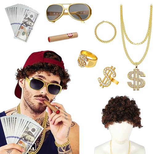 8 Stück,Hip Hop Kostüm Set,80er 90er Jahre Outfit Accessoiresmit Assi,Rapper Accessoires,Vokuhila Perücke Set, Hip Hop Party Kostüm Kit,Kostümfeste, Karneval Kostüm,Cosplay