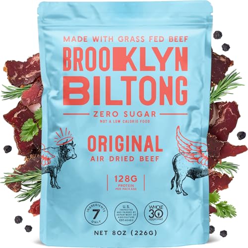 Brooklyn Biltong Air Dried Grass Fed Beef Snack, South African Beef Jerky (8 oz, Pack of 1) - Whole30 Approved, Paleo, Keto, Gluten Free, Sugar Free, Made in USA - (Original)